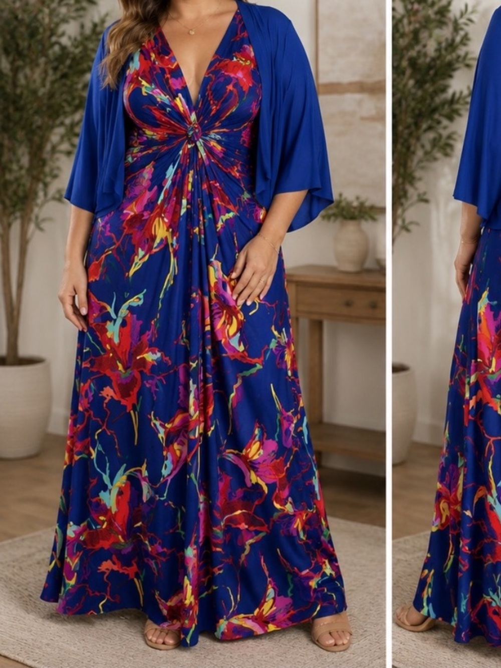 IMAN Royal Blue Floral Print Maxi with Multicolor Accents - 2 pieces,sold as set